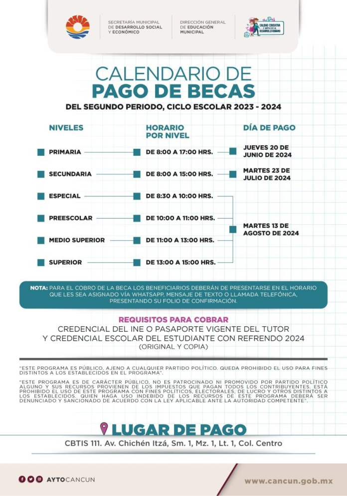 Segundo pago de becas de nivel especial, preescolar, medio superior y superior en Cancún