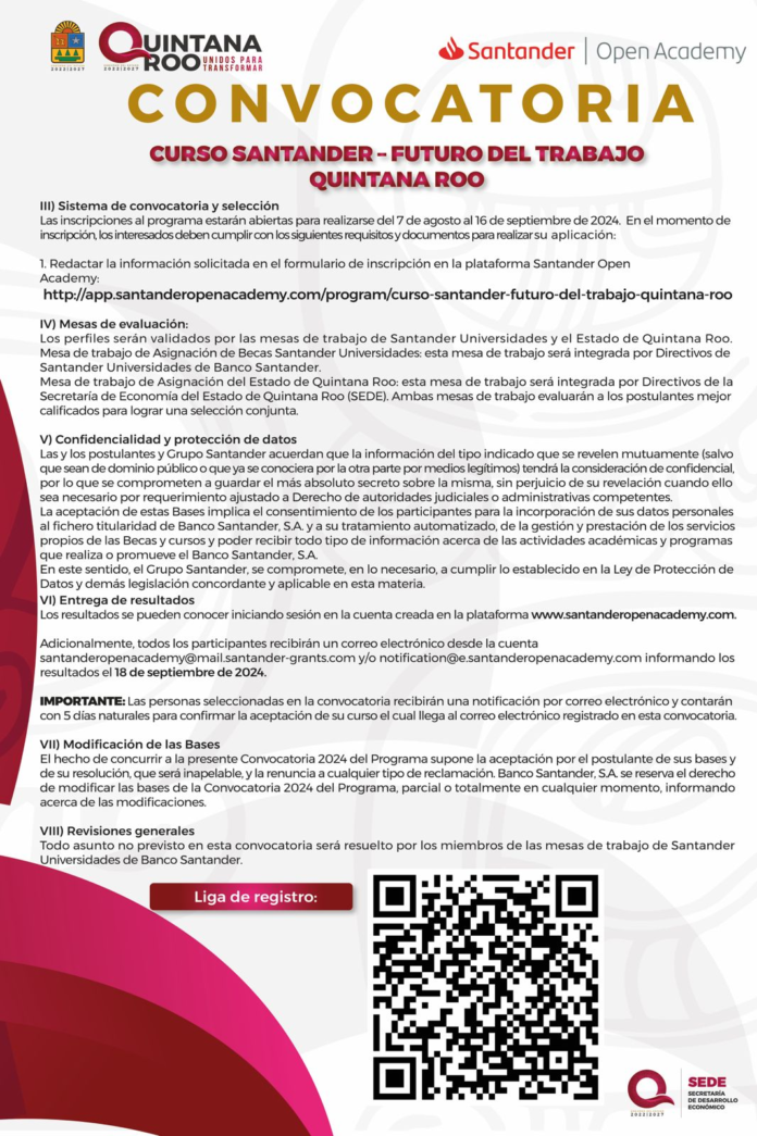 La SEDE apertura convocatoria para el otorgamiento de becas Santander “Futuro de Trabajo Quintana Roo”